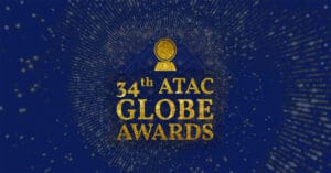 Text: 34 ATAC Globe Awards Hero Image: Blue background with radial gold shine