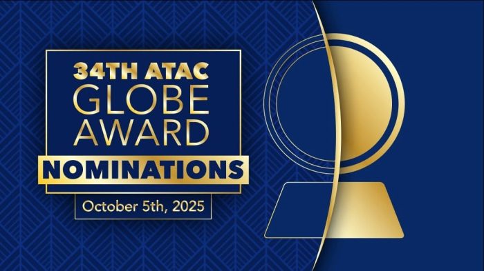 Nomination Reveal Party Text: 34th ATAC Globe Award Nominations, October 5th, 2025 | Image: Blue background with gold globe icon.